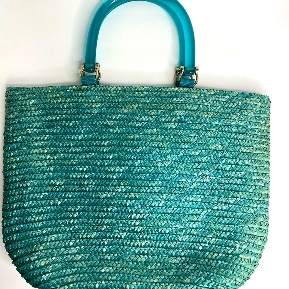 Turquoise Vintage Straw Bag with Lucite Handles